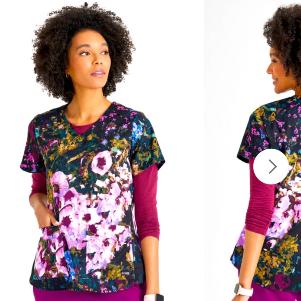 NWT Grey's Anatomy Autumn Meadow Floral Womens 4-Pocket Stretch V-Neck Scrub Top